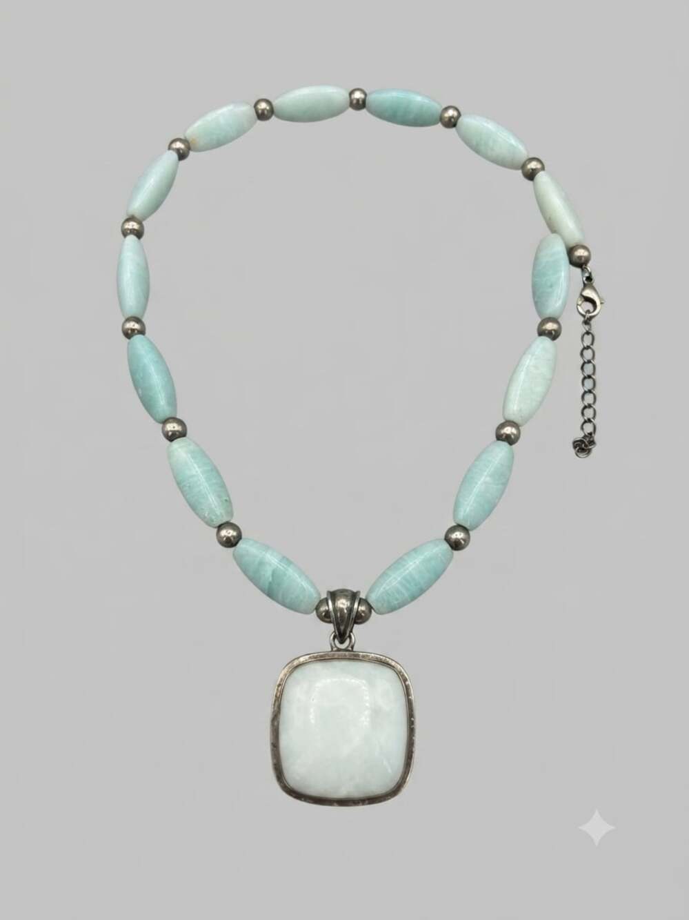 Amazonite Beaded Necklace with Large Square Gemstone Pendant in Sterling Silver